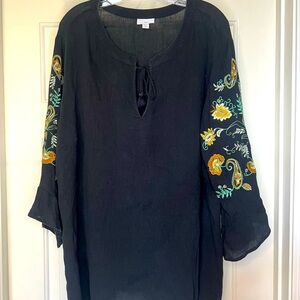 JJill Embroidered Black Women's Tunic Top, 3/4 bell sleeves